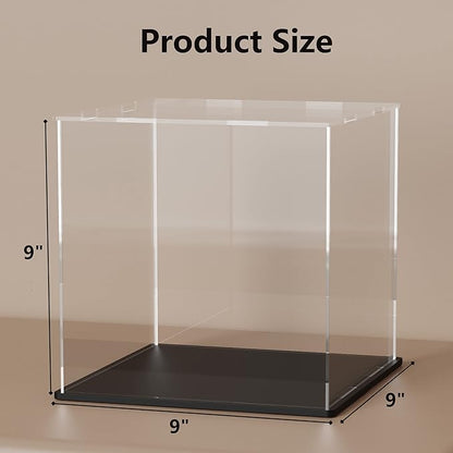 9 Inch Acrylic Case for Display, Clear Display Acrylic Box for Collectibles, Display Case with Matt Black Stand and Lid for Office Home