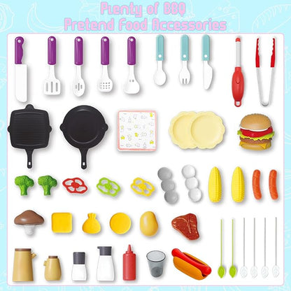 Kid Toy Grill, BBQ Grill Playset with Light Sound, Smoke Effect and 2 Wheels, Pretend Food, Little Chef Play Kitchen Accessories, Birthday for Boys Girls Ages 3 4 5 6 7 8