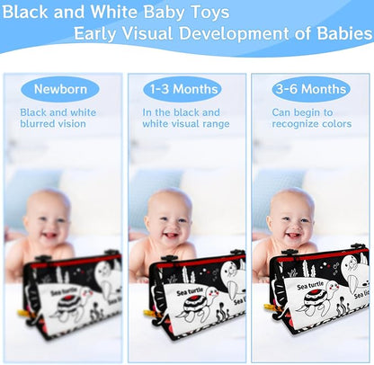 Tummy Time Mirror Newborn Toys: Black and White Infant Tummy Time Toys 0-3 0-6 6-12 Months Babies High Contrast Baby Toy with Baby Book & Teethers Montessori Sensory Floor Toy for Boy Girl Baby Gifts