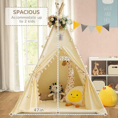 Teepee Tent for Kids with Padded Mat Cotton Canvas Kids Teepee with Pompom for Toddlers Indoor Play Tent for Girls Boys with Stars Lights, Carry Bag, Banner Flag (Cream)