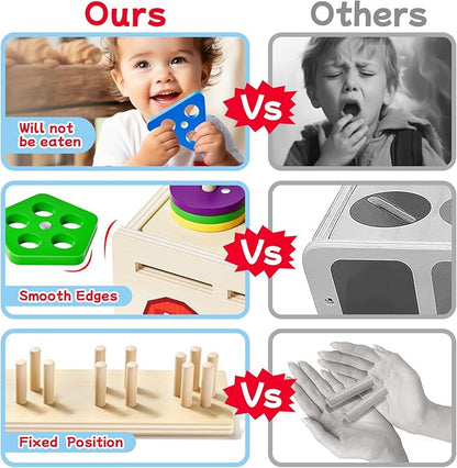 Montessori 4 in 1 Wooden Sorting Shape Sorter and Stacking Toy Box Color Matching Counting Fishing Game Preschool Educational Toys for Toddler 1 2 3 Years Baby Boys and Girls Gifts