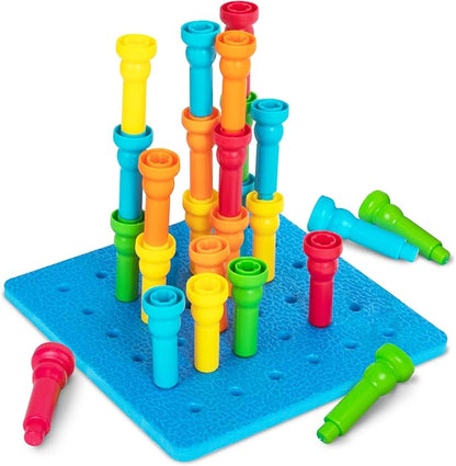 Play Build Peg Board Toy for Kids, 25 Colorful Pegs with Foam Board, Stacking Pegboard Set, Toddler Learning Toys for Ages 3+, Montessori, Educational, Therapy Toy for Boys & Girls