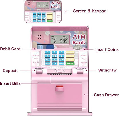 ATM Piggy Bank for Kids，ATM Bank Cash Coin Saving for Real Money with Debit Card，Coin Recognition, Balance Calculator, Electronic Savings Safe Box，Gift for Ages 6-13 Piggy Bank (Pink)
