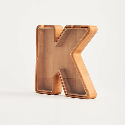 Personalized Wooden Piggy Bank – Custom Letter K Coin Bank in Beech Wood with Clear Acrylic Front, Engraved Name Option, Money Saving Box for Kids and Adults