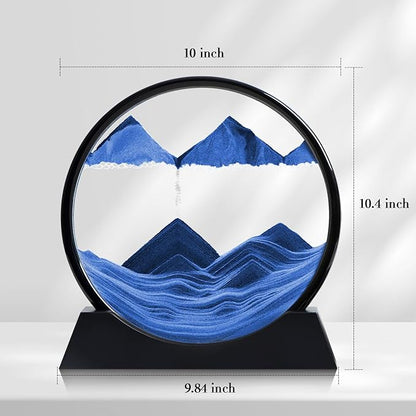 Moving Sand Art Liquid Motion, 3D Deep Sea Sandscape Color Quicksand Decor, Round Glass Moving Sand Art Picture Relaxing Desktop Home Office Work Decor (Blue, 12 inch)