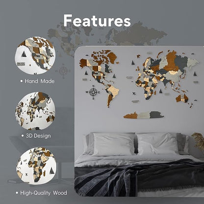 Wooden World Map 3D Art Large Wall Decor - Size (M, L, XL) Any Occasion Gift Idea - Wall Art For Home, Kitchen or Office
