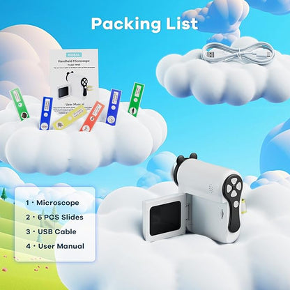 HP60 IPS Microscope for Kids: [Auto On & Off] [3-in-1] 2" Portable Handheld Microscope Miniscope, Pocket Mini Scope Educational Science Kit, Christmas Birthday Gifts for Kids, PC View, White