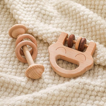 Wooden Baby Rattle, Newborn Wooden Rattle Toy, Natural Wooden Montessori Baby Grip Toy, Baby Gift Toy, Wooden Rattle Set 2PCS
