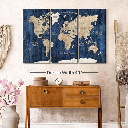 ElephantStock Aged Blue World Map II Canvas - 3 Panel Wall Decor - World Map Digital Art - Blue Wall Art - 50" X 32"