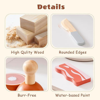 ROBOTIME Wooden Play Food Cutting Meat & Eggs Set, Pretend Play Toy Food for Play Kitchen with Shopping Bag – Kids Kitchen Accessories, Wooden Food Toys for Boys & Girls