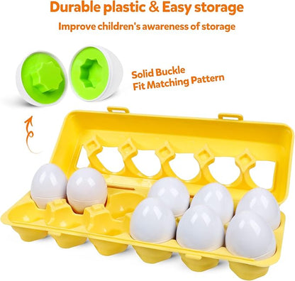 Montessori Geometric Eggs,12 pcs Set Color & Shape Egg Puzzle Toys Matching Eggs for Toddlers 1-3,Preschool Educational Sorting Game Fine Motor Toy Gifts for Kids Boys Girls