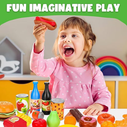 120 Piece Deluxe Pretend Play Food Toy Tasty Treats Plastic Cooking and Grocery Shopping Assortment Set