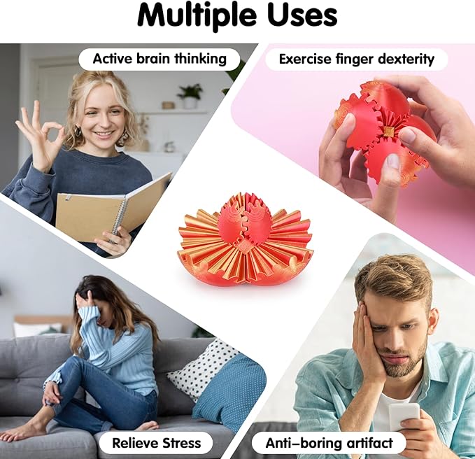 Gear Ball 3D Printed Cube Fidget Toy,Gear Sphere Fidget Toys,Sensory Toys for Stress and Anxiety Relief, Desk Toy Fidget Spinners,Stocking Stuffers for Adults & Kids Gift(Golden Red, 2.3 Inch)