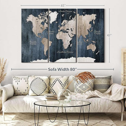 ElephantStock Aged Blue World Map I Canvas - 3 Panel Wall Decor - World Map Digital Art - Blue Wall Art - 65" X 42"