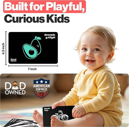 Happy Start High Contrast Baby Cards for Newborns - Black & White Cards, Water-Resistant, BPA-Free, Portable Educational Flashcards for Visual Stimulation, Award-Winning, Ages 0+ (English & Arabic)