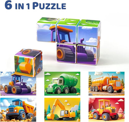 Magnetic Cubic Tiles for Kids, Large Building Blocks 1.65 inch, Engineering Construction Vehicles Puzzle Toy for Toddlers, Sensory & Montessori Magnetic Toys for Kids Ages 3 4 5 6