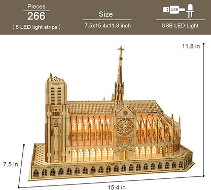 3D Wooden Puzzles for Adults,Notre Dame de Paris Church Model Kit for Adults to Build,Led Light DIY Games Gift on Birthday Christmas,Building Puzzle 266 Pcs