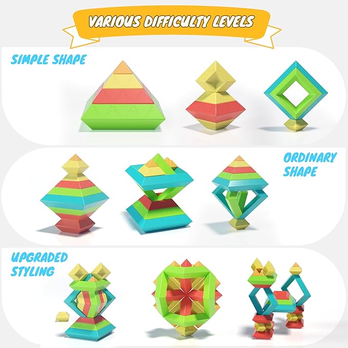40Pcs Montessori Toys for Ages 3 4 5 6 Toddlers Kids Baby,Pyramid Stacking Building Toys,3D Preschool Learning Blocks for Kids,STEM Sensory Toy Gifts for 3-5 Year Old Boy Girl,Plastic Storage Bag Set