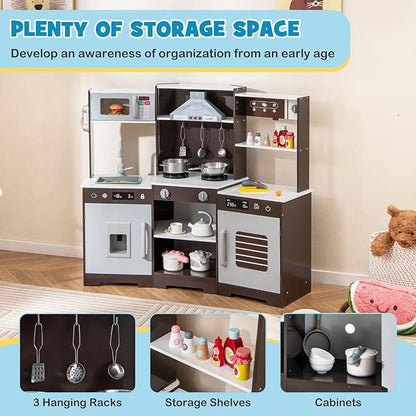 Costzon Corner Kids Kitchen Playset, Wooden Toy Kitchen Set with Range Hood, Ice Maker, Pretend Telephone, Sink, Faucet, Microwave, Oven, Play Kitchen with Lights and Sounds for Toddlers (Brown)