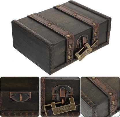 Veemoon Vintage Small Wooden Lock Box Antique Storage Case Retro Jewelry Chest Craft Collection Organizer Pirate Treasure Chest for Jewelry Cosmetics Photography Props