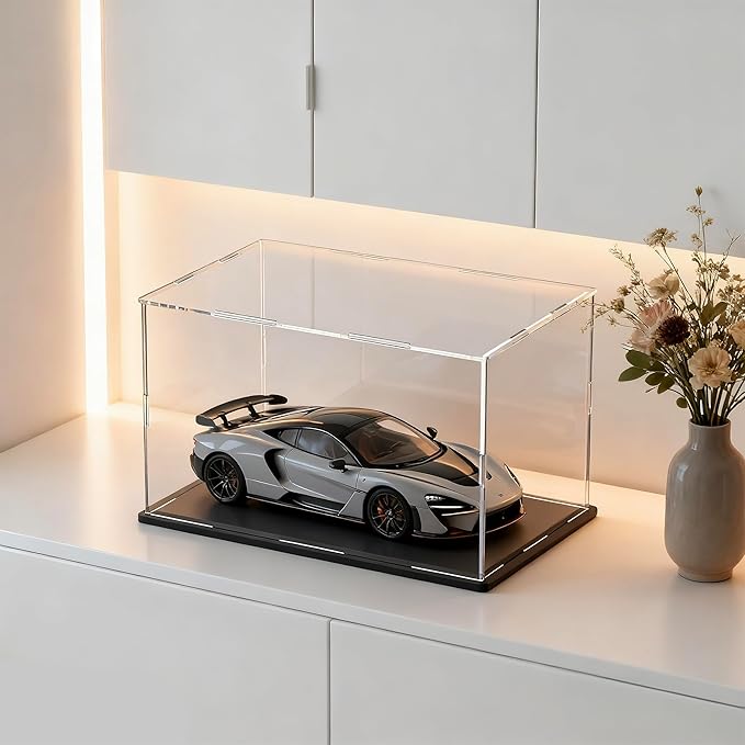 Large Acrylic Display Case for Figures, Clear Acrylic Box with Black Base for showcaseing Miniature, Toys, Collectables and Dolls 16 (L) × 13 (W) × 13 (H) inch