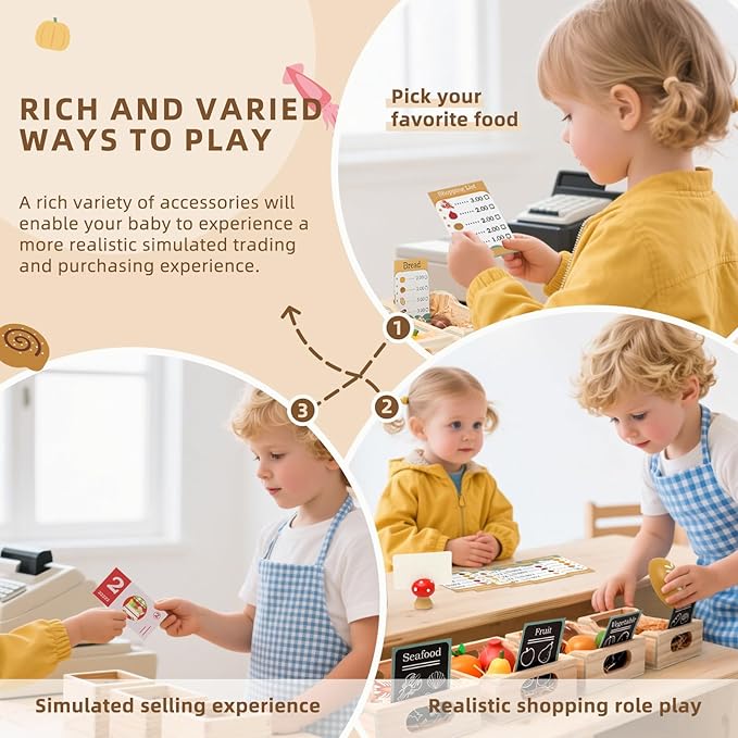 Wooden Play Food Sets for Kids Kitchen,Grocery Store Play Food Set,Play Toy Foods for Toddlers with Mesh Grocery Bag&4 Boxes,Pretend Play Fake Food Accessories Birthday Gifts for Girls Boys
