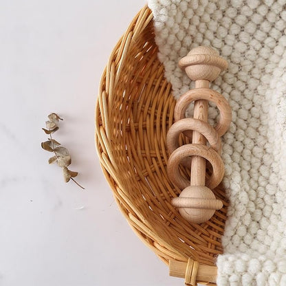 Wooden Baby Rattle, Newborn Wooden Rattle Toy, Natural Wooden Montessori Baby Grip 3 Ring Toy, Baby Gift Toy, Wood Rattle-2