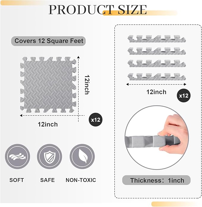 12 Tiles 12x12x1 Inch EVA Thick Interlocking Foam Floor Tiles Puzzle Exercise Mat Play Foam Mats for Boys Girls Baby Pets Home Classroom Nursery Gym(Grey)