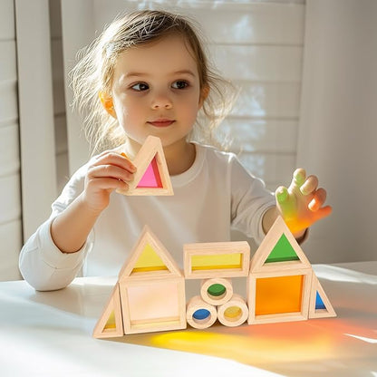 Wood Building Blocks Set for Kids, 32 Pcs Rainbow Stacker Stacking Game Construction Toys Set Preschool Colorful Learning Educational Toys, Geometry Wooden Blocks for Boys Girls