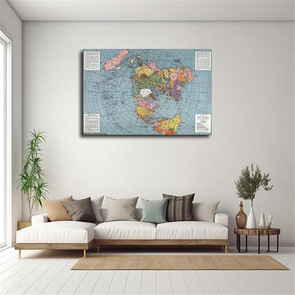 Flat Earth Map of The World Model - 1943 Polar Azimuthal Equidistant Projection Map Art Poster Room Aesthetic Wall Art Canvas Decoration Home Decor Gifts (24×32inch Unframed)