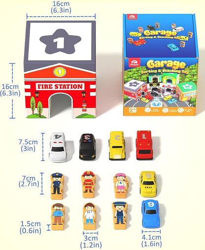 Coogam Montessori Sorting & Stacking Blocks with Nesting Garages Cars, Stackable Number Boxes for Toddlers Learning Community Helpers, Preschool Educational Toy Gift for 2 3 4 Year Old Baby