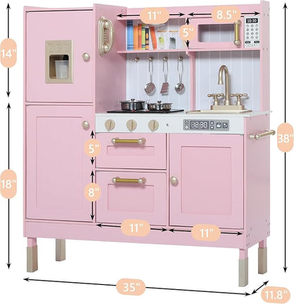 Play Kitchen for Kids, Wooden Kids Kitchen Playset with Realistic Sounds, Children Pretend Toy Kitchen Playset w/Stove, Oven & Ice Maker, Little Chef Play Kitchen for Girls and Boys, Pink