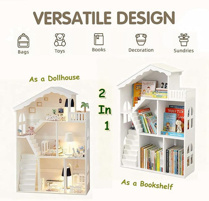 Wooden Dollhouse Bookshelf 3-Tier Doll House Bookcase Kids Books Toys Dolls Storage Organizer Shelves for Children's Bedroom Playroom Kindergarten Nursery Gift for Boys Girls Ages 3-8 Years Old