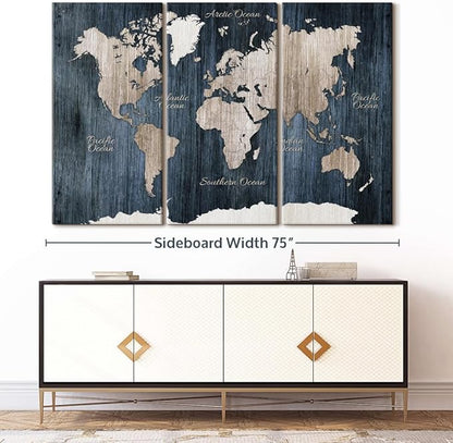 ElephantStock Aged Blue World Map I Canvas - 3 Panel Wall Decor - World Map Digital Art - Blue Wall Art - 74" X 48"