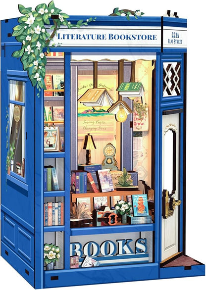 CUTEBEE DIY Book Nook Kit, Miniature House Kits for Adult and Teens, DIY Miniature Book Nook kit with Sensor Led Light, Gifts for Lovers and Family (Literature Bookstore)