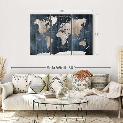 ElephantStock Aged Blue World Map I Canvas - 3 Panel Wall Decor - World Map Digital Art - Blue Wall Art - 50" X 32"