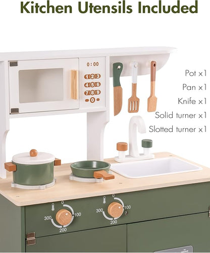 ROBOTIME Play Kitchen with Pretend Ice Cube Dispenser for Toddler, Wooden Kids Kitchen Play Set, Toy Kitchen Set for Kids Age 3 4 5 6 7 (Vintage Green)