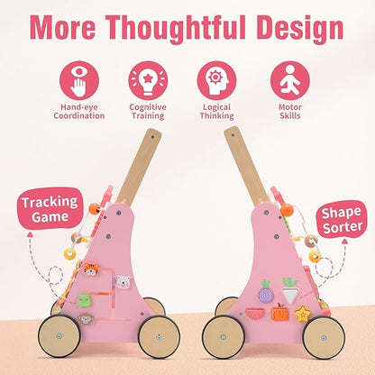 CUTE STONE Wooden Baby Walker, Montessori-Style Push Walker with Activity Center, Adjustable Height, Push Toys for Toddler Development, First Birthday Gift for Kids Pink