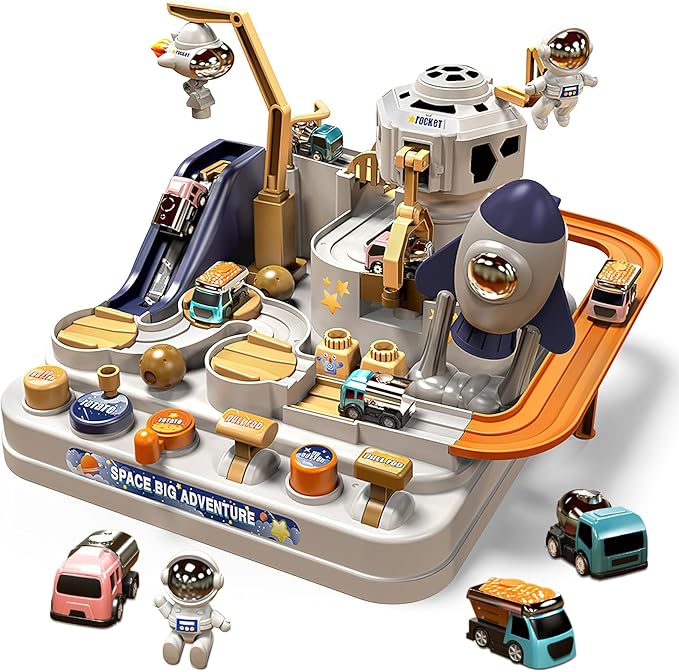 Mostop Kids Race Track Game Car Adventure Toy for 3 4 5 6 7 Years Old Boys Girls, Spaceship Puzzle Rail Track City Rescue Playset Magnet Toy Educational Learning Toddler Race Track with 3 Mini Cars