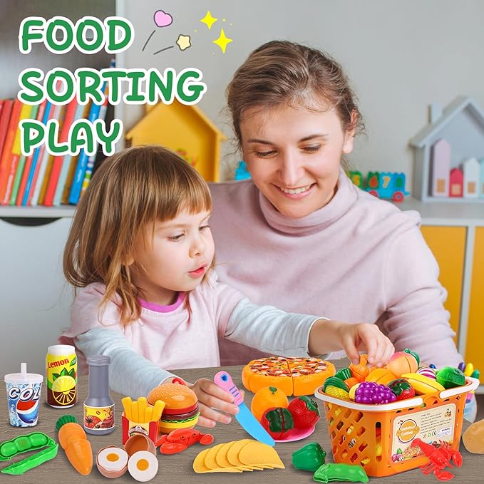 92PCS Play Food Set for Kids, Pretend Play Toys for Play Kitchen & Toddlers Learning, Food Toys with Cutting Fruits & Vegetables, Fake Food Gift Kitchen Playset for Kids Ages 3+
