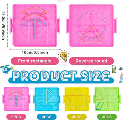 Deekin 50 Pcs Double Sided Geoboard Mathematical Kids Geoboards with Rubber Bands Math Manipulatives Toy for Geometry, 6.9 x 6.3 Inches Classroom Back to School