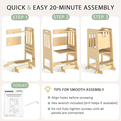 WINGYZ Toddler Kitchen Stool – Adjustable Helper Tower for Kids with Safety Rail, Wooden Standing Step-Up Stool, Sliding Door & Stable Base, Natural Wood