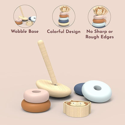 SPEEDY MONKEY Roly Poly Stacker Toy for Toddlers | Wooden Stacking Toy for Baby Boys & Girls | FSC-Certified Wobble Base with Colorful Rings for Fine Motor Skills | Sensory Learning Gift for Kids 1-5