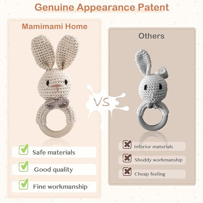 Handmade Crochet Easter Bunny Wooden Baby Rattle Toy for 0-6 Months - Organic Stuffed Animal for Newborn