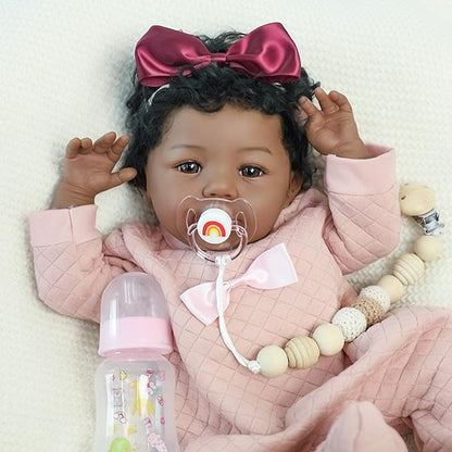 Realistic Reborn Baby Doll Black Girl – 18 Inch Lifelike African American Newborn, Real Life Handmade Soft Body with Accessories Gift Set for Kids 3+