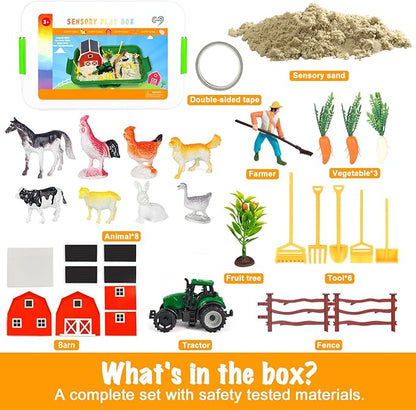 Farm Sensory Bin，Farm Animals Sand Kit with Sensory Sand，Barn Sandbox with Tractor，Sensory Play Sand Set for Kids 3 4 5 6 7