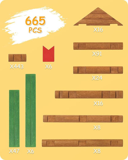SainSmart Jr. 665 PCS Wooden Log Cabin Set Building House Toy for Toddlers, Classical STEM Construction Kit Compatible with Lincoln Logs for 3+ Kids