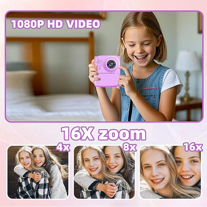 Instant Print Camera for Kids, 1080P Video Camera with 3 Print Rolls, 32GB Card & Cute Cover, Gift for Girls Boys Age 3-12, Toddler Digital Camera with Games, Filters, Music – Purple