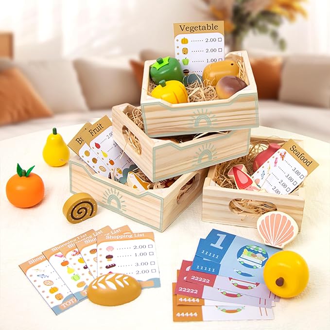 Wooden Play Food Sets for Kids Kitchen,Grocery Store Play Food Set,Play Toy Foods for Toddlers with Mesh Grocery Bag&4 Boxes,Pretend Play Fake Food Accessories Birthday Gifts for Girls Boys