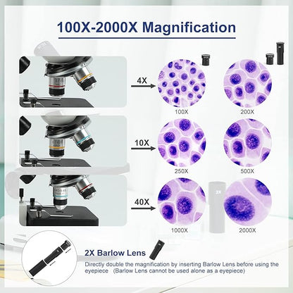 Microscope for Adults Kids Students, 100X-2000X Microscopes, Metal-Body Dual LED Illumination, Biological Compound Monocular Microscope Kit for School Lab, Homeschool w/Phone Adapter